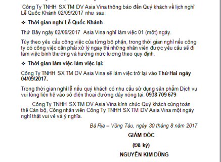 Thông báo nghỉ lễ quốc khánh 02/09/2017